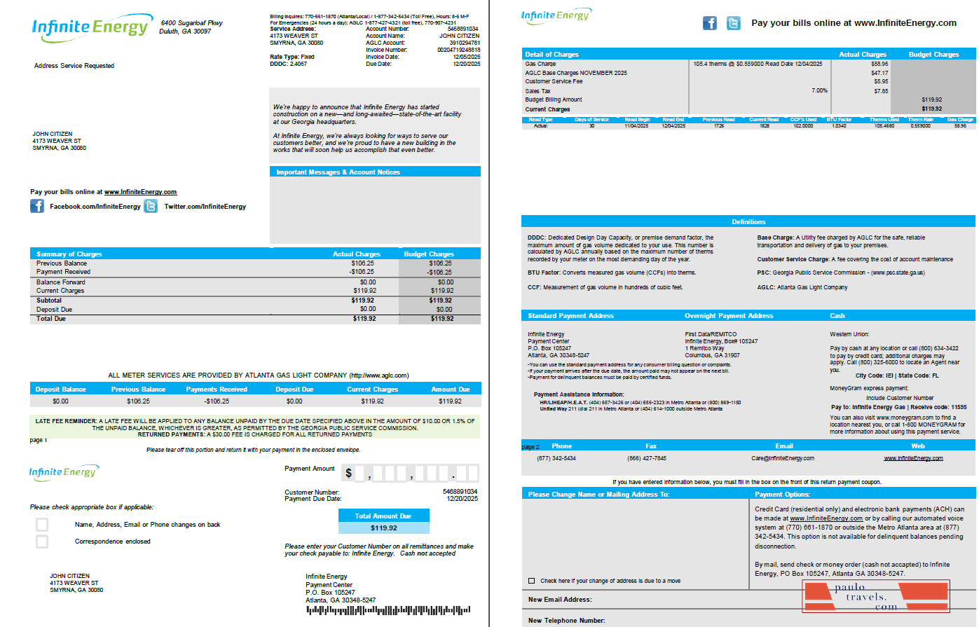 USA Infinite Energy utility bill template in Word and PDF formats. 2 pages